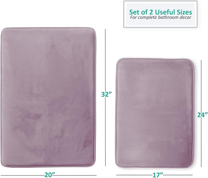 Clara Clark 2 Piece Bathroom Rug Set - Memory Foam, Bath Mat Set, Plush, Cozy, Ultra Soft, Non Slip, Machine Washable, Quick Dry - 24” x 17”+ 32” x 20” - Dusty Purple