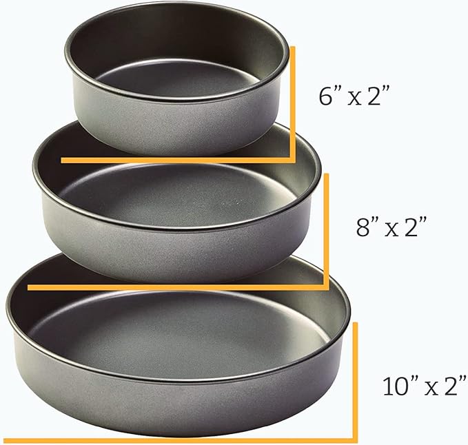 Chicago Metallic Professional 3-Piece Round Cake Pan Set - 6, 8, and 10 Inch Nonstick Carbon Steel Baking Pans, 2 Inches Deep, for Layered Celebration Cakes and Tiered Desserts