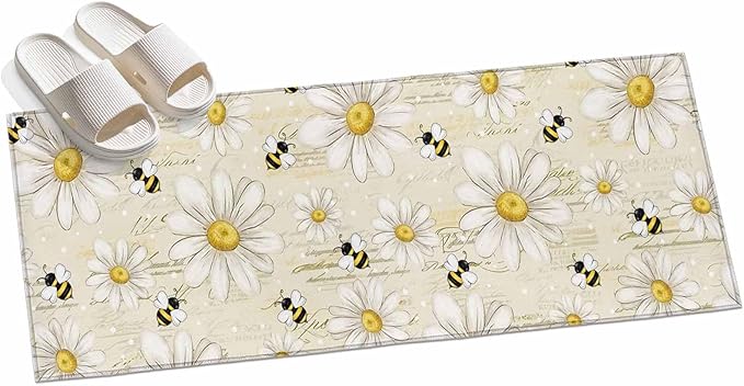 Runner Rug for Bedroom Hallway, Retro Watercolor White Floral Bee Kitchen Runner Rugs Area Rug 2x6ft, Summer Daisy Letter Texture Washable Soft Floor Carpet for Entryway Stair