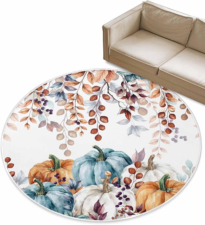 Round Area Rug,Fall Thanksgiving Pumpkin Orange Eucalyptus Leaf Circle Living Room Rug Non-Slip Rugs Indoor Carpet,Autumn Fallen Leaves Soft Comfort Rugs for Bedroom KidsRoom Nursery