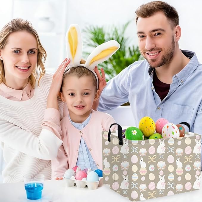 FXOLCSHE Rectangular Easter basket,Easter basket empty,Nursery Hamper,Collapsible waterproof baby toy storage box for Kids,Toy Organizer,Easter Home Decor,Gift Baskets(Bowknot egg)