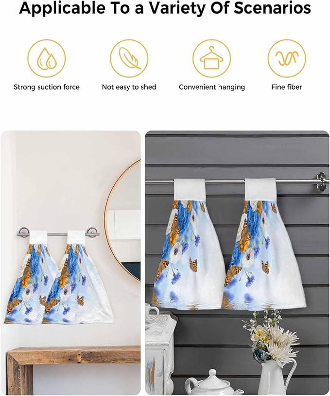 Alandar Home Kitchen Tie Towel Set of 1, Watercolor Embroidered Balls White Daisy Absorbent Soft Hand Towels for Bathroom Hanging Towels, Flower Butterflies Fast Drying Cleaning Cloth with Loop