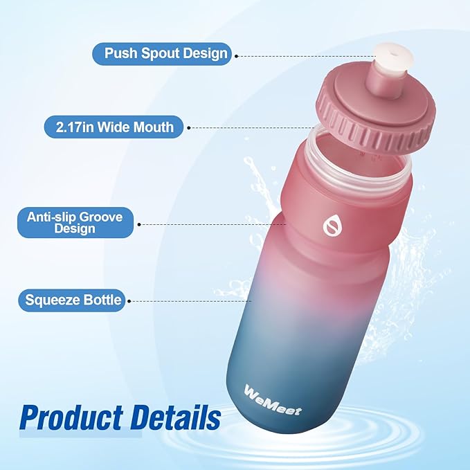 WEMEET Mountain Bike Water Bottle 2-Pack, Sport Squeeze Bottle with Capacity Scale, LeakProof, BPA Free, for Cycling, Gym, Outdoors (Black & Red Blue, 24oz)