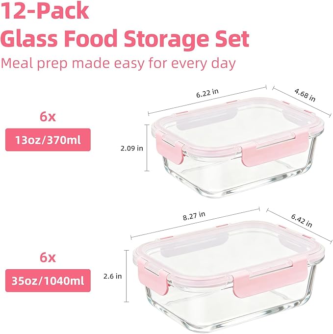 Konokyo Rectangular Glass Food Storage Containers with Lids, 24 Pack Airtight Leakproof Meal Prep Containers, BPA-Free, Microwave Oven Freezer & Dishwasher Safe, Assorted Sizes