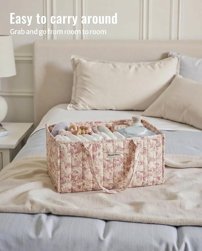 Quilted Fabric Storage Basket Floral Baby Diaper Caddy Quilted Basket Organizer for Newborn Nursery Bedroom Car Storage