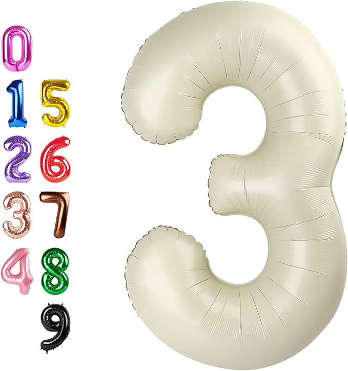 40 Inch Numbers 3 Balloon, Three Cream Happy Birthday Balloons for Girls Boys Babies, Number Balloons for 3 13 23 30 Wedding Bridal Shower Anniversaries Party