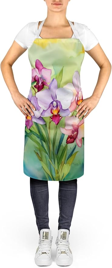 Caroline's Treasures Orchids in Watercolor Apron Cooking Kitchen Server Baking Crafts Gardening for Adult Women Men, Unisex, Large, Multicolor