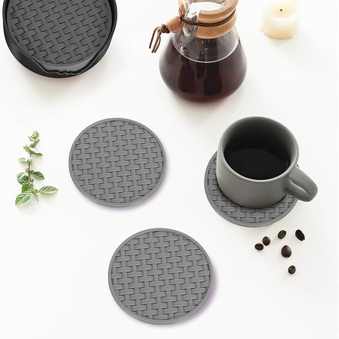 Gray Silicone Coasters with Holder, 4 Inch Non-Slip Heat-Resistant Drink Coasters Set of 6, Waterproof Decorative Round Cup Mats for Home, Kitchen, Office, Bar Coffee Table, Housewarming Gift