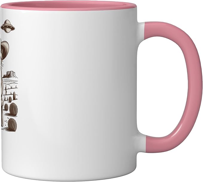 Retro Cowboy Cat UFO Desert Western Feline Art Ceramic Mug, Pink/White