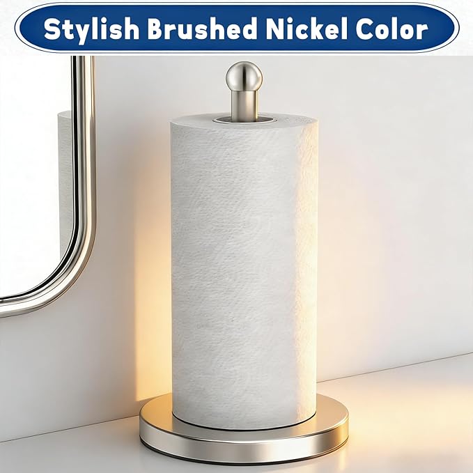 DAWNER Paper Towel Holder Freestanding, Weighted Base with Suction Cups, Easy One-Handed Tear Stainless Steel Brushed Nickel Paper Towel Stand for Kitchen Bathroom Countertop