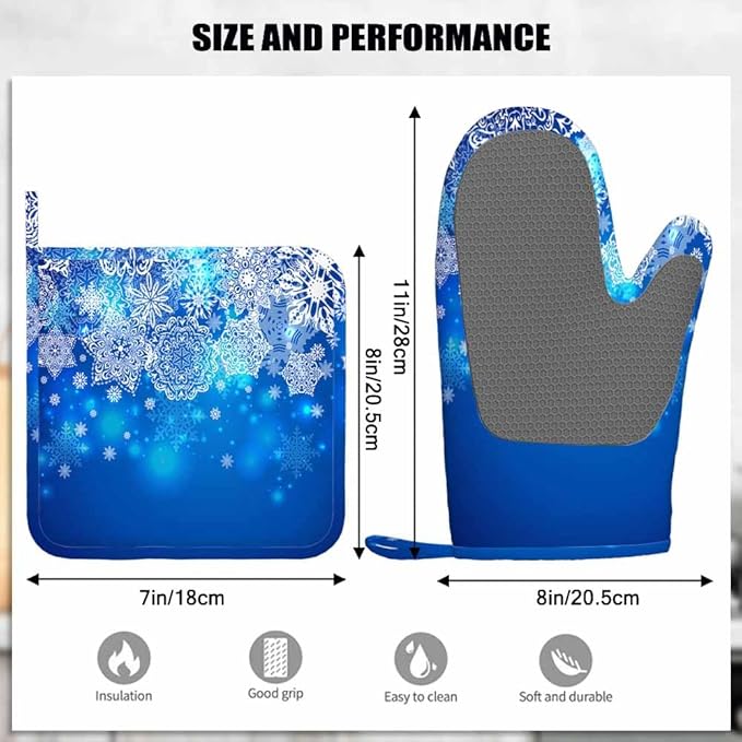 Mxocom Snowflake Oven Mitts and Pot Holders Sets Blue and White Background Silicone Heat Resistant Kitchen Oven Gloves Pot Holder for Cooking