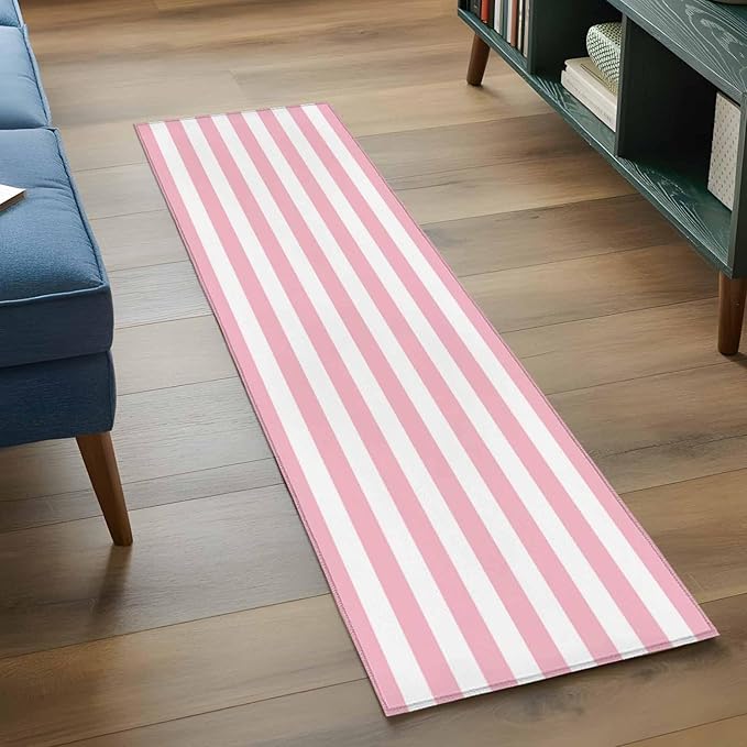 Runner Rug for Bedroom Hallway, Pink White Stripe Kitchen Runner Rugs Area Rug 2x6ft, Classic Geometric Line Washable Soft Floor Carpet for Entryway Stair