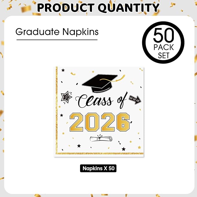 50 Pcs Graduation Napkins Decorations - White Gold Class of 2026 Congrats GRAD 3-Ply Paper Cocktail Dinner Napkins Set for 2026 Graduation Party Supplies Table Decor Favors, 6.5 x 6.5 Inch