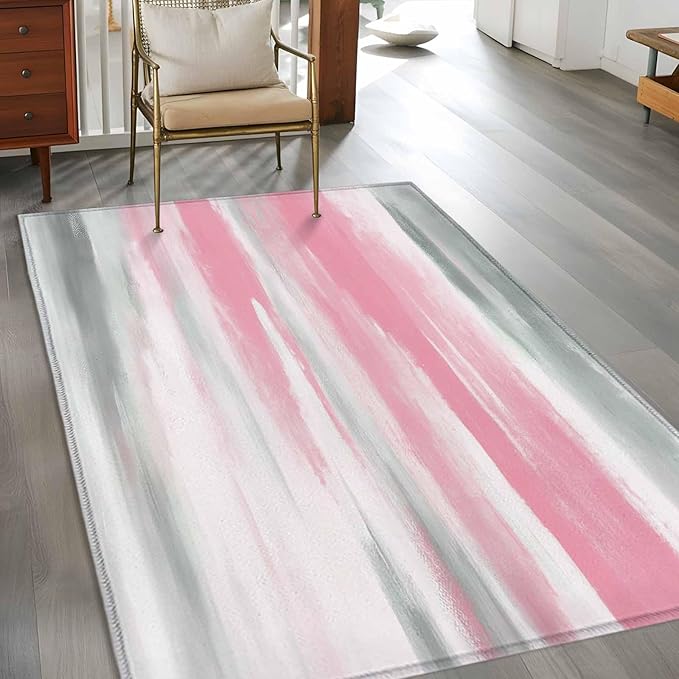 Area Rug 4x6ft, Pink Grey Mottled Texture Seamless Washable Rugs for Living Room Bedroom, Gradient Abstract Art Soft Non-Slip Area Rugs Rectangle Floor Carpet for Dining Room