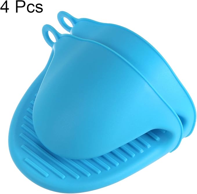 HARFINGTON 4pcs Thickened Mini Oven Gloves, Heat Resistant Silicone Oven Mitts Finger Pinch Grips Pot Holder for Kitchen, Cooking, Baking, BBQ Heat Resistant Gloves, Blue