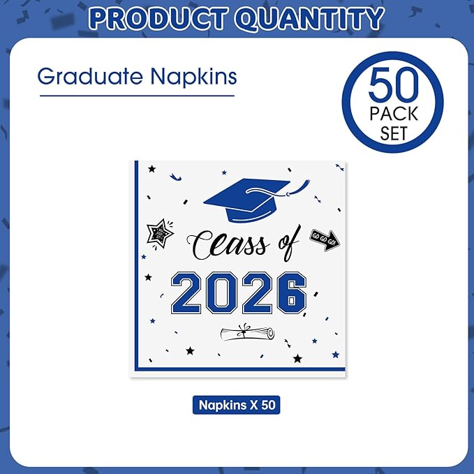 50 Pcs Graduation Napkins Decorations - Blue Class of 2026 Congrats GRAD 3-Ply Paper Cocktail Dinner Napkins Set for 2026 Graduation Party Supplies Table Decor Favors, 6.5 x 6.5 Inch