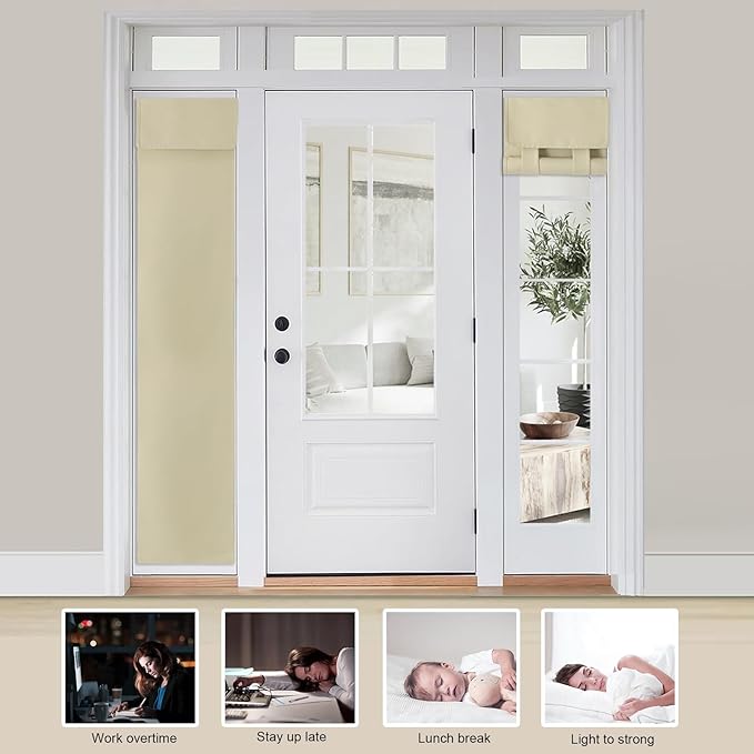 WdFour Door Curtains for Front Door & Window, Solid Color Sidelight Curtain with Tie Up Shade, 12W x 70L Inches, Blackout Covering for Glass Doors,1Panel,Beige.