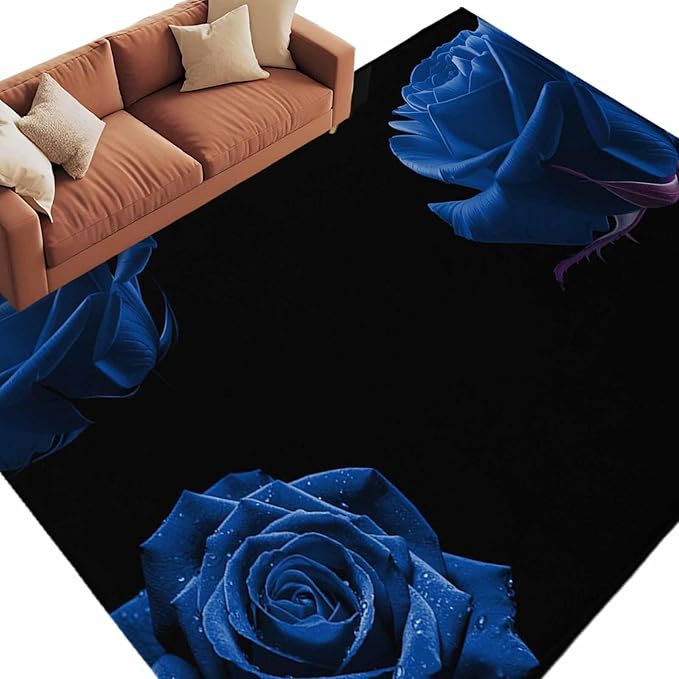 Area Rug 6x9ft, Abstract Garden Blue Rose Washable Rugs for Living Room Bedroom, Classic Country Floral Soft Non-Slip Area Rugs Rectangle Floor Carpet for Dining Room