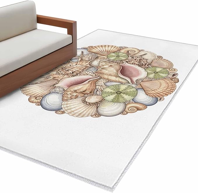 Area Rug 3x5ft, Coastal Colorful Shell Conch Washable Rugs for Living Room Bedroom, Modern Abstract Art Soft Non-Slip Area Rugs Rectangle Floor Carpet for Dining Room