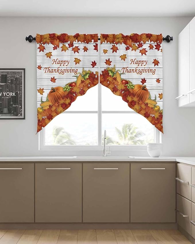 Happy Thanksgiving Orange Pumpkins Maple Leaves Fall Swag Valance Curtains Autumn Harvest Corn Apples Wood Grain Rod Pocket Kitchen Curtains, Scalloped Window Treatment Valances, 1 Pair, 28"W x 36"L