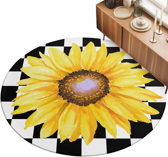Washable Round Area Rug Watercolor Sunflower on Checkered Circle Rugs Floor Carpet for Living Room Bedroom, Yellow Black White Soft Non Slip Round Rug 3ft