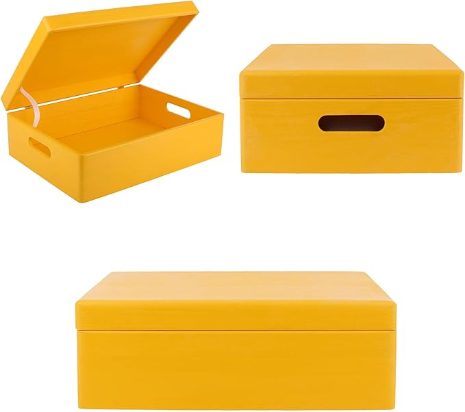 Creative Deco XL Yellow Wooden Box Storage with Hinged Lid | 15.8x11.8x5.5in (+-0.5) | Keepsake with Handles | Gift Box for Tool Dog Toy Kitchen Storage | Wood Chest Trunk