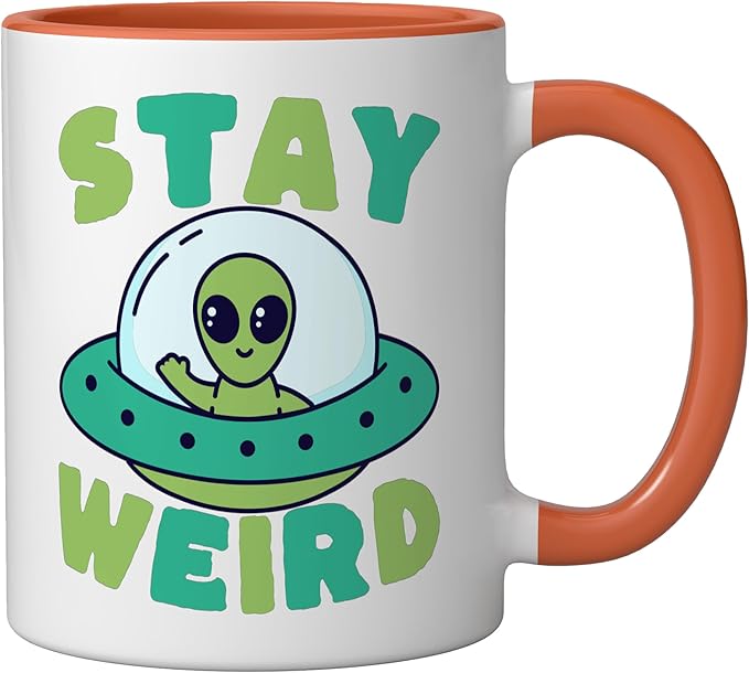 Cute Alien Stay Weird UFO Extraterrestrial Space Ceramic Mug, Orange/White