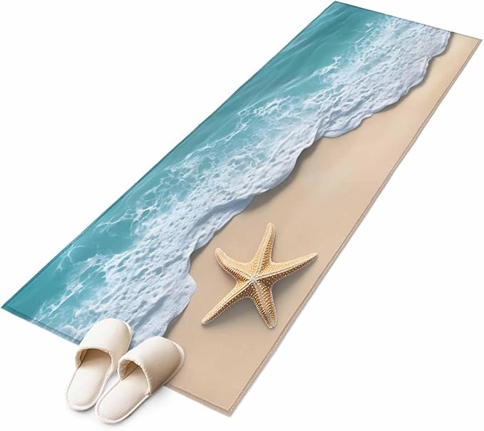 Runner Rug for Bedroom Hallway, Beach Starfish Teal Sea Water Kitchen Runner Rugs Area Rug 2x6ft, Summer Ocean Theme Washable Soft Floor Carpet for Entryway Stair
