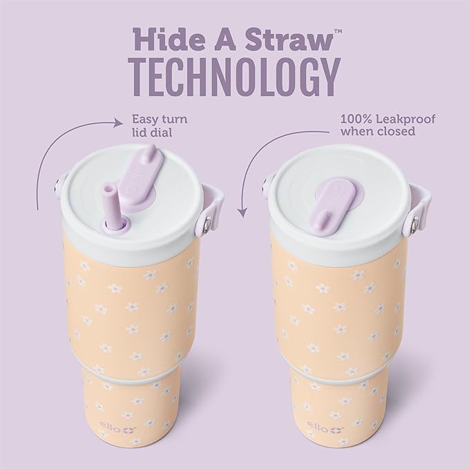 Ello Oasis Go+ 26oz Tumbler with Top Handle and Retracting Straw | Reusable Insulated Stainless Steel Cup, 100% Leakproof Water Bottle, 24 Hours Cold, Cup Holder Friendly For Travel | Daisies