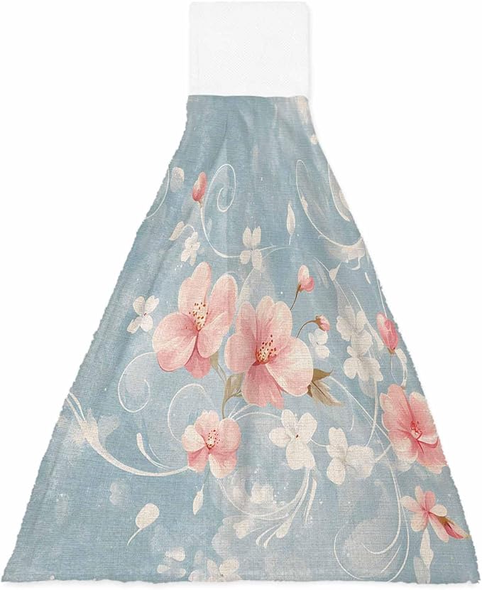 Alandar Home Kitchen Tie Towel Set of 1, Pink Flower Leaves on Blue Linen Absorbent Soft Hand Towels for Bathroom Hanging Towels, Retro Summer Botanical Fast Drying Cleaning Cloth with Loop
