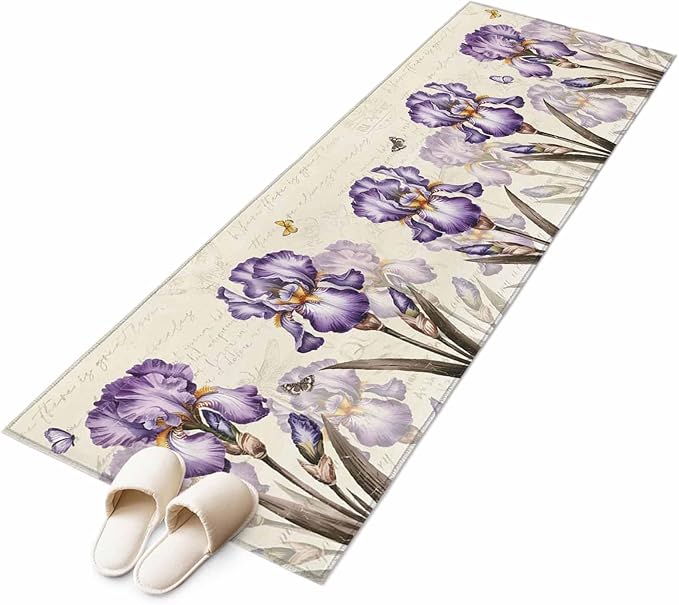 Runner Rug for Bedroom Hallway, Pastoral Purple Flower Watercolor Kitchen Runner Rugs Area Rug 2x6ft, Country Botanical Butterflies Washable Soft Floor Carpet for Entryway Stair