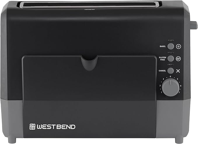West Bend QuikServe Toaster, 2-Slice Wide-Slot Slide-Through Bread Toaster with Bagel and Gluten-Free Settings and Cool-Touch Exterior Fast Toasting, Includes Removable Serving Tray, 1400-Watts, Black