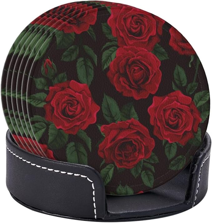 Red Roses Leather Drinks Coasters with Holder, Set of 6, Suitable for Various Cups