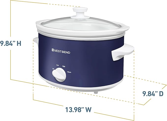 West Bend Slow Cooker 4-Quart Manual Crockery Style with Dishwasher Safe Oval Ceramic Crockpot and Glass Lid Two Temperature Settings Plus Keep Warm, 210-Watts, Navy