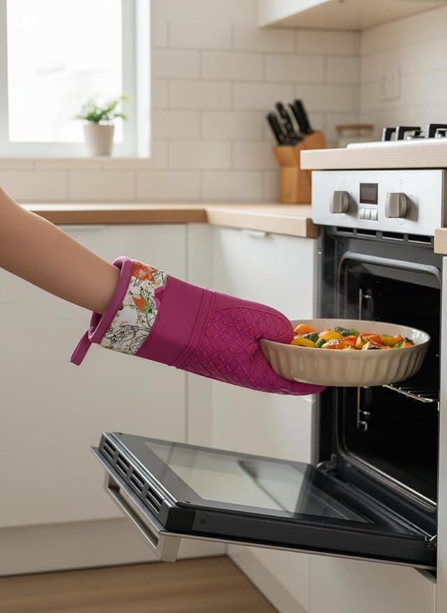 Pair of 2 Heat-Resistant Silicone Oven Mitts – Extra Long, Non-Slip Grip, Soft Cotton Lining, Perfect for Baking, Cooking & BBQ – 13” x 7” Kitchen Gloves (Pink Rose)