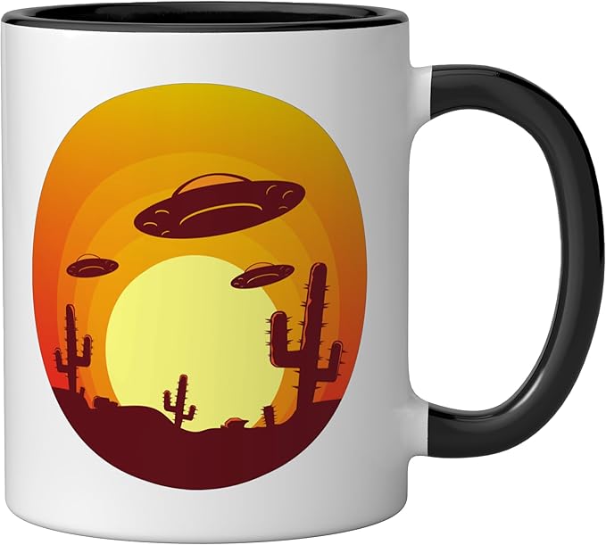 UFO Alien Abduction Conspiracy Vintage Nevada Desert Sunset Ceramic Mug, Black/White