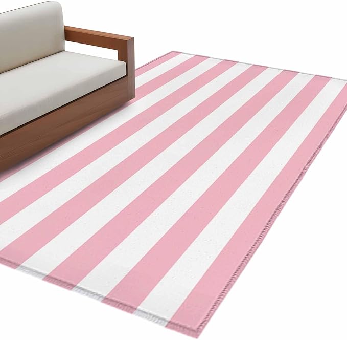 Area Rug 4x6ft, Pink White Stripe Washable Rugs for Living Room Bedroom, Classic Geometric Line Soft Non-Slip Area Rugs Rectangle Floor Carpet for Dining Room