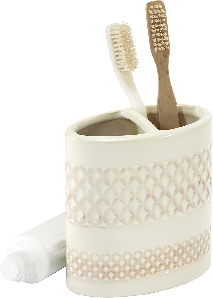 Nicole Miller – Toothbrush Holder, Glossy Embossed Trellis Ceramic with Reactive Glaze Detail, Classic Home Decor – Perfect for Organizing Bathroom Essentials (Lyra)