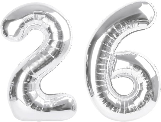 Numbers 26 Balloon, Silver Birthday Party Supplies for 26th, 40 Inch Digital Ballons for Women Men, Large Party Decorations for Engagement, Bridal Shower, Wedding, Anniversary