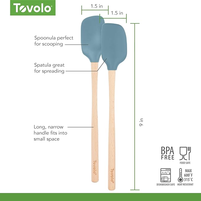 Tovolo Mini Spoon Spatula Wooden Handle Set for Cooking and Baking, Heat Resistant Safe for Cast Iron BPA Free Silicone Mixing Tool Natural Wood Perfect for Scraper Mixing Spooning, Blue Slate