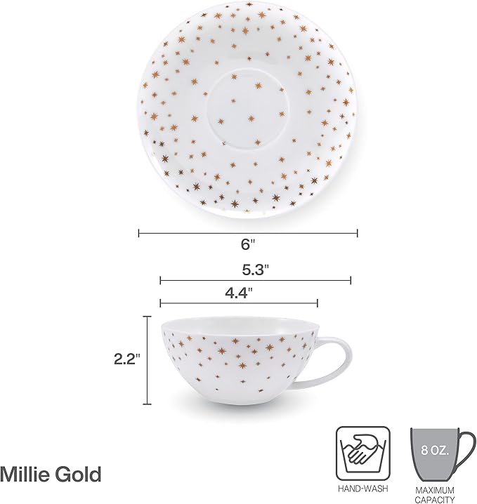Mikasa Millie Gold Metallic Set of 4 Tea Cups and Saucers, 8 Ounce