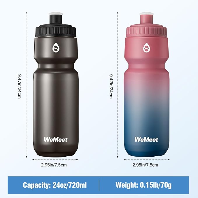 WEMEET Mountain Bike Water Bottle 2-Pack, Sport Squeeze Bottle with Capacity Scale, LeakProof, BPA Free, for Cycling, Gym, Outdoors (Black & Red Blue, 24oz)