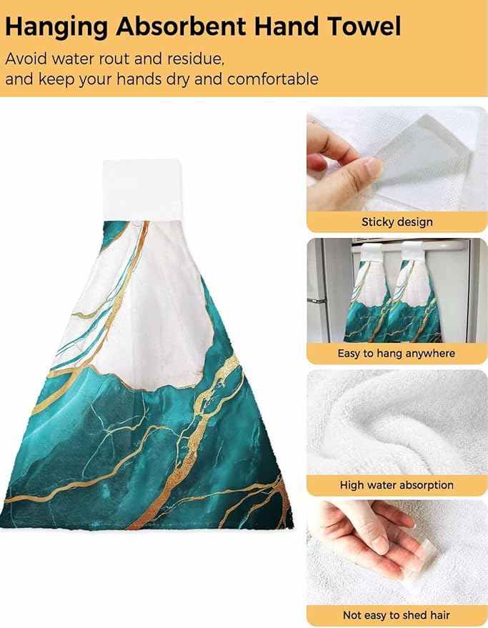 Alandar Home Kitchen Tie Towel Set of 2, White Marble Watercolor Gradient Absorbent Soft Hand Towels for Bathroom Hanging Towels, Gold Crack Abstract Art Fast Drying Cleaning Cloth with Loop