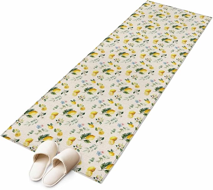 Runner Rug for Bedroom Hallway, Country Lemon Flower Leaf Kitchen Runner Rugs Area Rug 2x6ft, Pastoral Fruit Plant Vintage Linen Washable Soft Floor Carpet for Entryway Stair