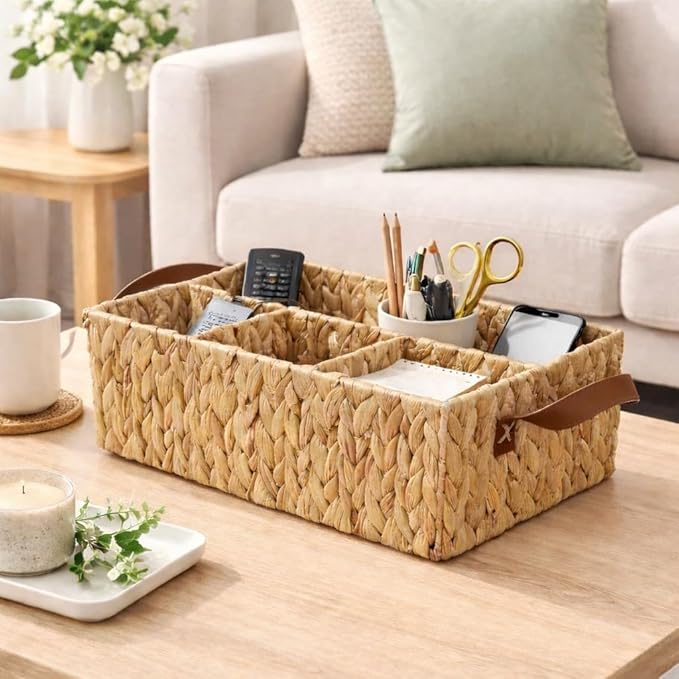 Storage Basket - Water Hyacinth Shelf Basket, Baskets for Organizing, Wicker Diaper Caddy, Decorative Baskets, Baskets for Gifts, Wipes, Home, office (15.75" x 11.03" x 5.52")