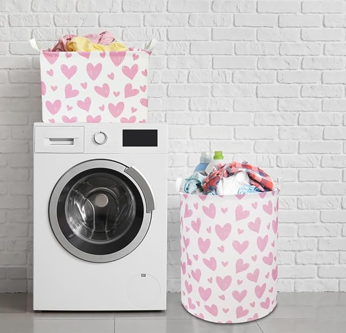 NTAOHAMPER 24L Mothers Day Gifts Pink Heart Fabric Storage Basket Empty with Handles, Books Box, Lovely Storage (Pink Heart)
