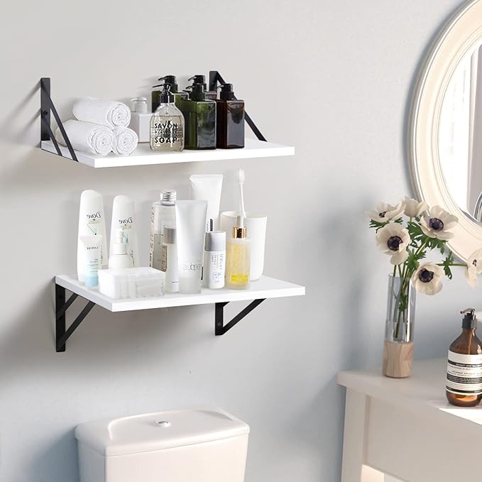 Tectocker-DOU 2 Pc Deep Floating Shelves ; 12 Inch Deep Wall Mounted Hanging Shelves for Living Room, Kitchen, Office, Bathroom and Bedroom Decor; Storage and Display Shelf Set (White)