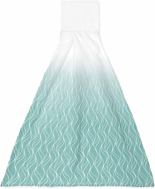 Alandar Home Kitchen Tie Towel Set of 1, Abstract White Wave Line Absorbent Soft Hand Towels for Bathroom Hanging Towels, Modern Stripe on Green Fast Drying Cleaning Cloth with Loop