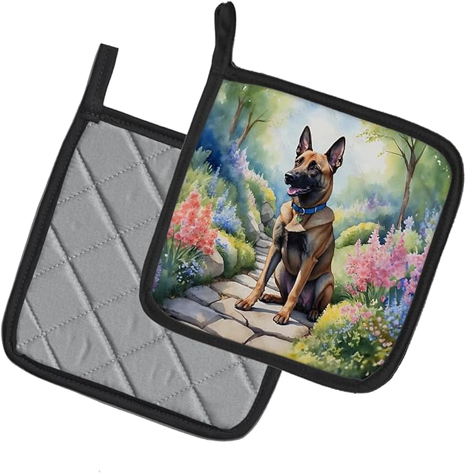 Caroline's Treasures Belgian Malinois Spring Garden Pair of Pot Holders Kitchen Heat Resistant Pot Holders Sets Oven Hot Pads for Cooking Baking BBQ, 7 1/2 x 7 1/2