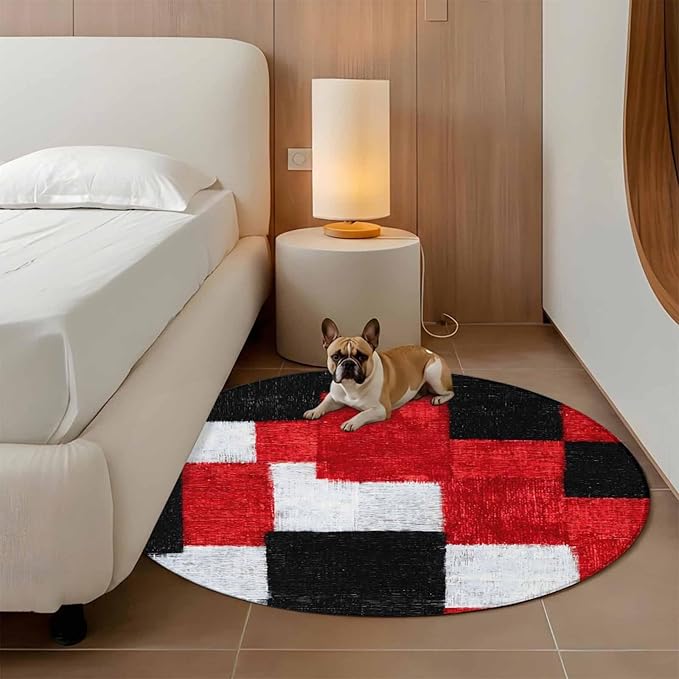 Washable Round Area Rug Red Black White Gradient Circle Rugs Floor Carpet for Living Room Bedroom, Abstract Color Block Soft Non Slip Round Rug 5ft